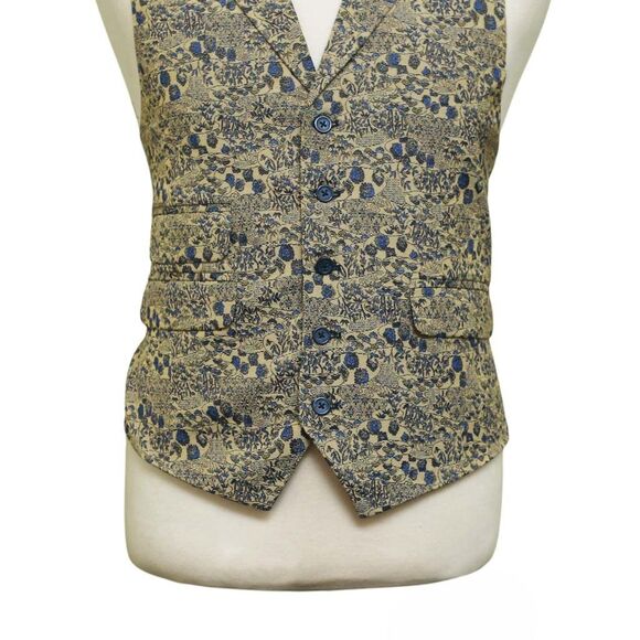Mens Floral Vest 44R Yellow Blue Jacquard Waistcoat Formal Wedding Groom Party - Picture 5 of 9